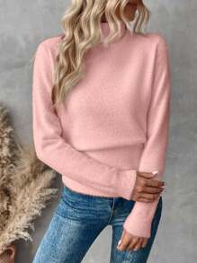 SHEIN LUNE 女士纯色高领长袖休闲套头毛衣，秋冬针织套头衫 - 粉色 - 查看 3