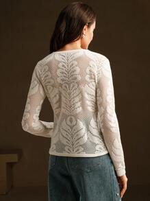 Anewsta Elegant Lace Mesh Floral Hollow See-Through Textured Round Neck Women Knit T-Shirt Undershirt