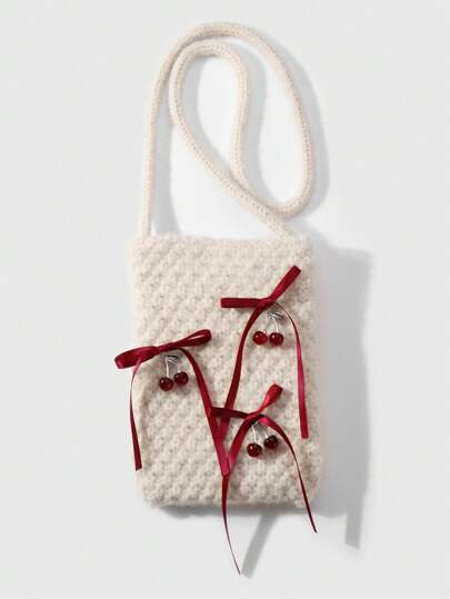 Kawaii 1 pezzo Elegante borsetta a tracolla in maglia coreana semplice con fiocco a nastro di ciliegie, adatta per andare al lavoro, di alta qualità, adatta per autunno/inverno, regalo per le donne