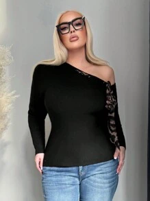 SHEIN SXY Jersey de punto con hombros descubiertos, lazo y estampado de leopardo, talla grande, cómodo para otoño/invierno - Negro - Ver 5