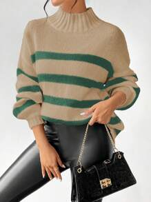 SHEIN LUNE Striped Pattern Stand Collar Casual All-Match Long Sleeve Pullover Sweater Knit Pullover Fall Winter - Brown - View 5