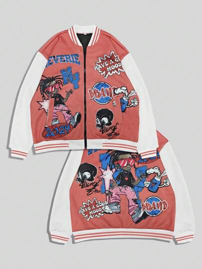 Street Life بليزر بأكمام طويلة للرجال بطباعة أحرف وشخصيات كرتونية، بطراز الشارع، للخريف