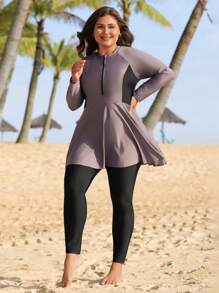 Swim Mulvari Plus Size Long Sleeve Two-Piece Tankini Swimsuit Set Summer - Multicolor - View 4