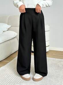Tween Girls' Casual Solid Color Wide Leg Long Pants - Black - View 1