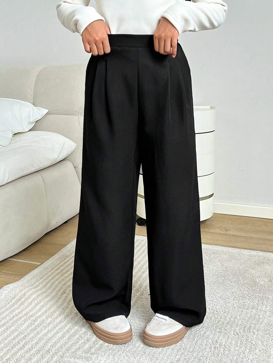 Tween Girls' Casual Solid Color Wide Leg Long Pants - Black - View 1