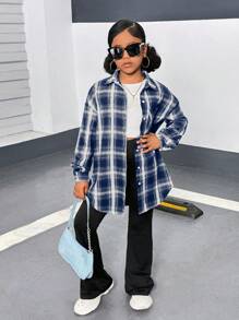 SHEIN 青少年女孩休闲格子长袖衬衫 + 无袖上衣 + 喇叭裤 3 件套服装 - 藏蓝色 - 查看 2