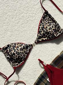 Swim Vcay 2pcs Leopard Print Bikini Set, Sexy Spaghetti Strap Top And High Cut Bottoms - Multicolor - View 5