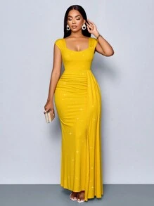 SOLERSUN 纯色心形领口水钻装饰无袖性感连衣裙长款女装 - 黃色 - 查看 5