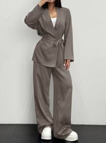 Siren Gaze 2pcs Women Striped Wrap Casual Kimono Suit Set, Grey, Office Lady Fashion Business Attire In Fall/Winter Brown - Khaki - View 4