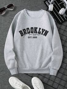 Manfinity Dauomo Men Letter Print Thermal Lined Crew Neck Sweatshirt, Casual, Autumn/Winter