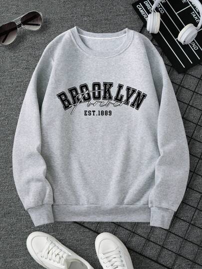 Manfinity Dauomo Men Letter Print Thermal Lined Crew Neck Sweatshirt, Casual, Autumn/Winter