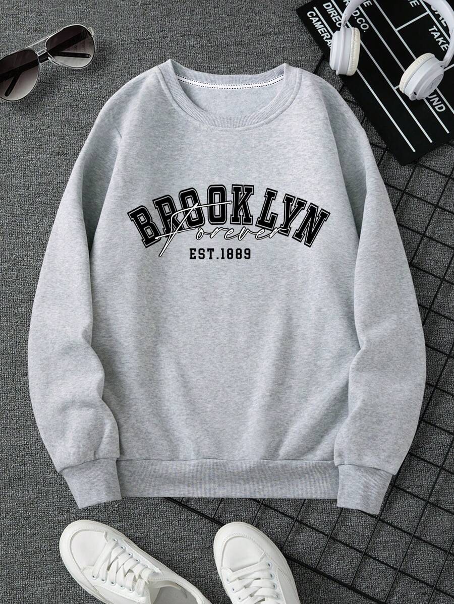 Manfinity Dauomo Men Letter Print Thermal Lined Crew Neck Sweatshirt, Casual, Autumn/Winter