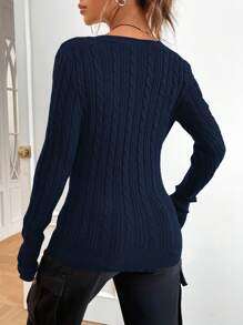 SHEIN EZwear Suéter de punto de cable sólido con cuello en V de 1 pieza de moda para mujer, suéter informal de punto de cable para primavera/otoño para mujer, suéteres holgados de manga larga con encaje de contraste y ajuste delgado, suéteres para mujer de manga regular marrón