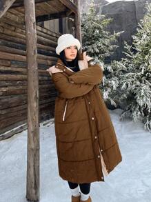 Calvaya 女士加大码字母印花拉链连帽长款加厚棉服外套、保暖内衬、冬季服装 - 棕色 - 查看 5