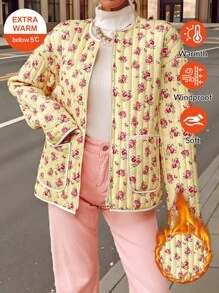 SHEIN VCAY Áo khoác dáng rộng họa tiết hoa nhí, khóa kéo, thích hợp mặc mùa thu, dành cho nữ, thích hợp cho Lễ Tạ ơn, Ngày Valentine, Thu/Đông, Giáng sinh, Thu Đông 2024, Áo khoác chần bông cho nữ dịp Lễ Tạ ơn, ấm áp, giữ nhiệt, thích hợp cho thời tiết lạnh, thích hợp cho đêm giao thừa, thích hợp cho thời trang đường phố. - Màu vàng - Xem 1