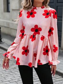 SHEIN LUNE 2024 Autumn New Floral Print Pink Cute Ladies Shirt Blouse