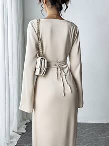 Siren Gaze 纯色缎面束腰长裙，时尚简约圆领，缎面喇叭袖，系带修身晚礼服，性感连衣裙，女士长裙，杏色优雅节日连衣裙，感恩节连衣裙，节日派对女士连衣裙，新年夜连衣裙 - 白色 - 查看 2