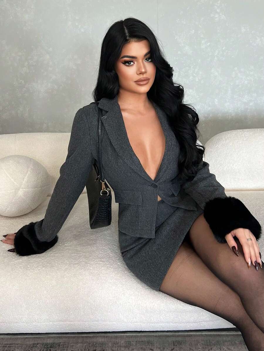 SHEIN SXY Thick, Simple Style Fuzzy Cuff Blazer Suit Set, Office Lady, Autumn/Winter - Grey - View 1