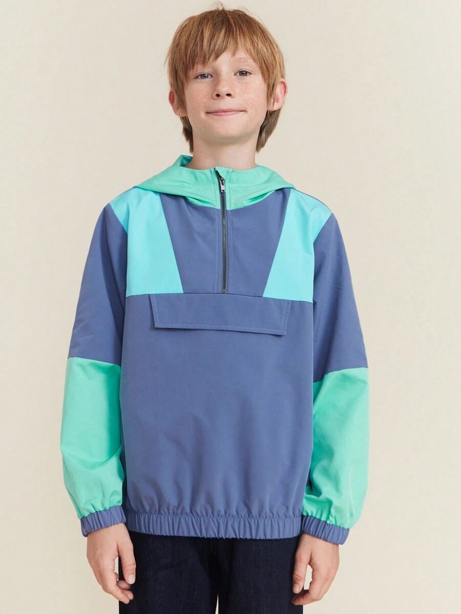 SHEIN Tween Boy 双色拉链连帽夹克，休闲宽松长袖，秋冬 - 藍色 - 查看 1