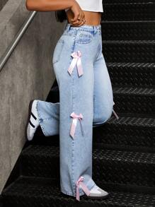 SHEIN Tall Women's Casual Bow Decorated Loose Straight Jeans, Pink Bow Christmas And Valentine's Day New Jeans - Blue - View 4