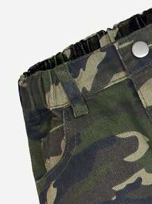 SHEIN 年轻女孩日常休闲时尚街头风格 Y2K 工装裤，多口袋迷彩，舒适洗水牛仔裤 - 彩色 - 查看 5