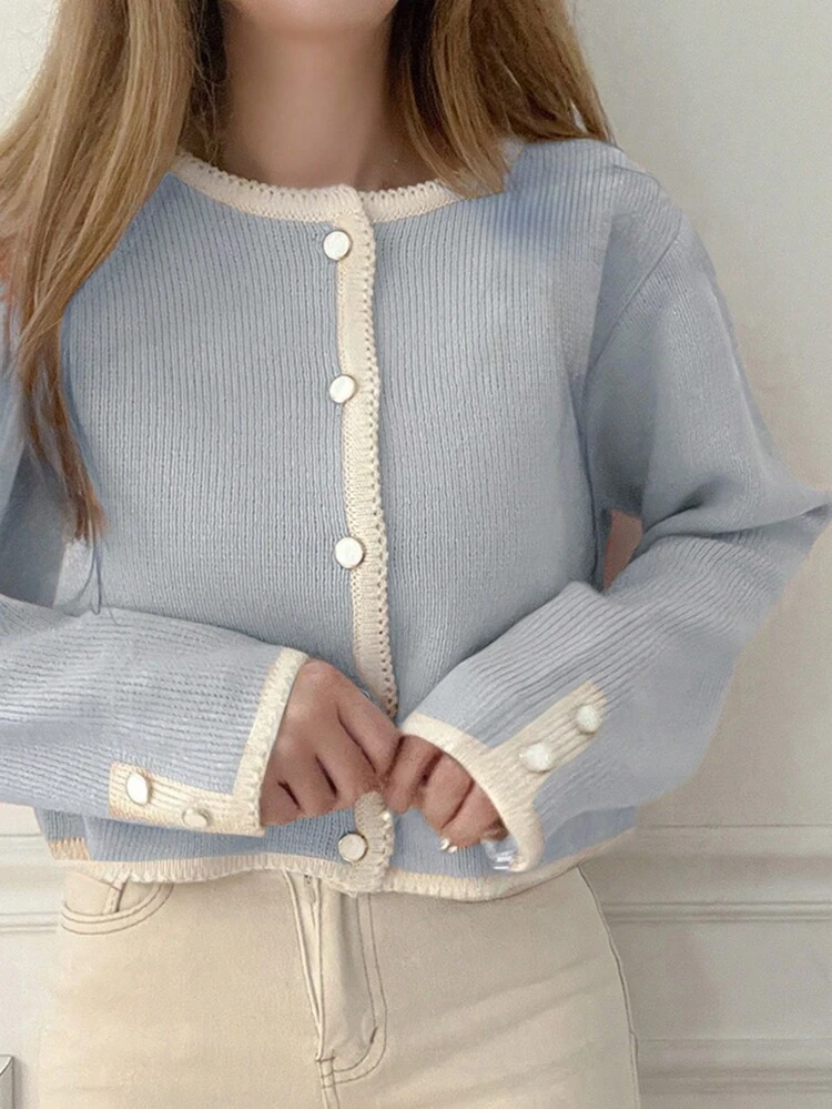 Women Contrast Color Splice Round Neck Long Sleeve Casual Slim Fit Cardigan, For Autumn, Fall Women Clothes