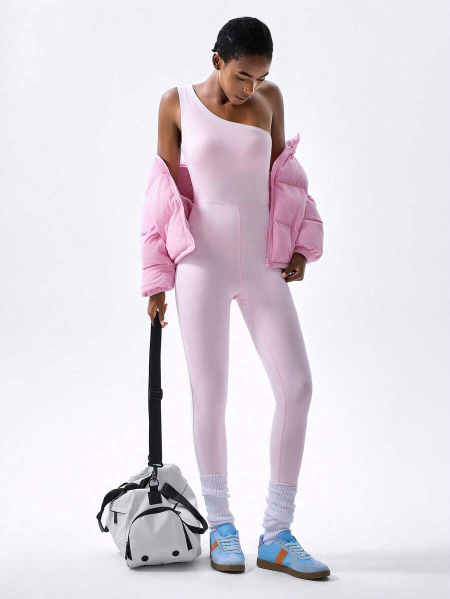 VARSITIE Pink Fall Winter Clothes Simple & Stylish & Slim Fit & Asymmetrical Shoulder Straps Women Outdoor One-Pieces