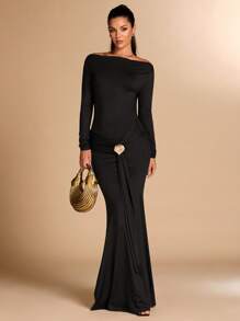 SHEIN BAE 1pc Women's Black Solid Color Sexy Elegant Long Sleeve Tight Ruched Metal Shell Decor Tied Mermaid Dress, Suitable For Cocktail Party, Romantic Date, Autumn/Winter Underdress, Party, Formal Occasion, Night Out, Wedding Guest, Halloween, Christmas