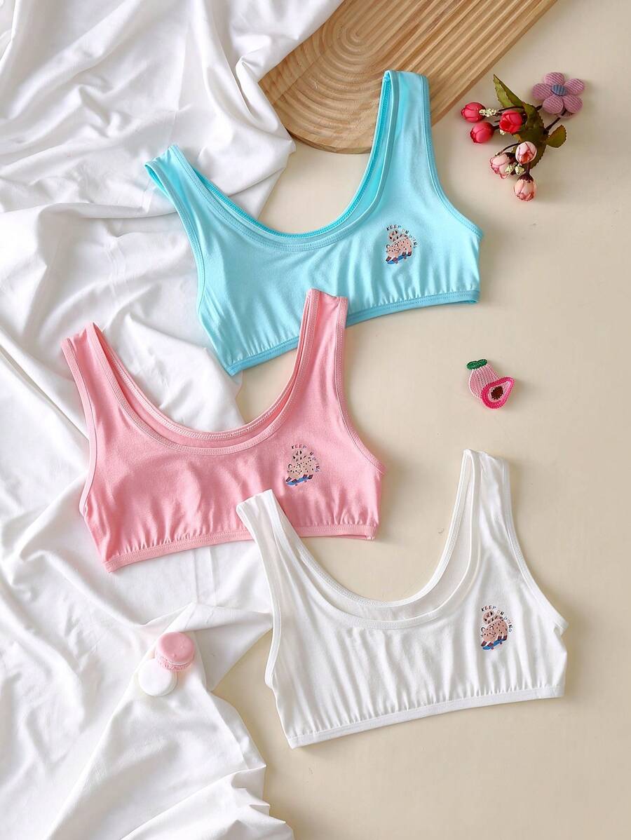 3pcs Comfy Cute Tween Girl Kitty Cat Camisole & Bra Set, Pink, White, Blue - Multicolor - View 1