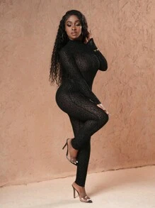 Slaydiva 优雅、性感、派对装：女式黑色立领长袖连体裤，透明豹纹植绒面料，及踝长，适合秋季 - 黑色 - 查看 6