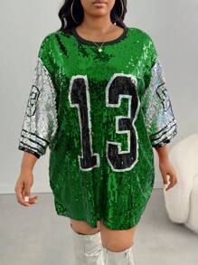 SHEIN SXY Áo thun in số cỡ lớn cho nữ có đính sequin, áo dự tiệc cổ tròn - Màu xanh lá cây đậm - Xem 3