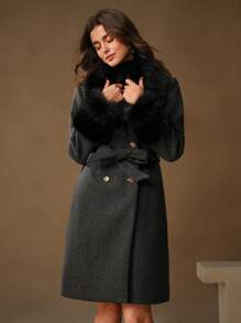 Anewsta Áo khoác dài cổ lông có thắt lưng, áo khoác dày và ấm cho nữ - Màu xám đen - Xem 6