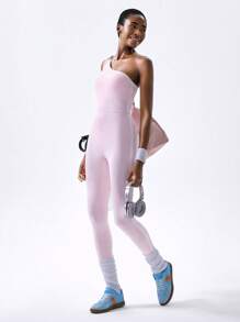 VARSITIE Pink Fall Winter Clothes Simple & Stylish & Slim Fit & Asymmetrical Shoulder Straps Women Outdoor One-Pieces