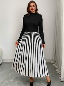 SHEIN Clasi 大码纯色拼接立领长袖简约休闲长款毛衣连衣裙，适合冬季