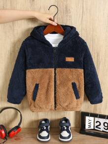 SHEIN 男童休闲可爱贴花撞色拼接蓬松连帽拉链加厚保暖夹克 - 彩色 - 查看 3