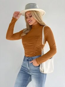 SHEIN LUNE Women's Brown Slim Fit Pleated Semi-Sheer Long Sleeve Base Layer T-Shirt - Mocha Brown - View 5