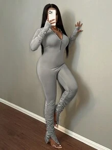 Slaydiva Fashionable Basic Solid Color V-Neck Skinny Jumpsuit - Grey - View 7