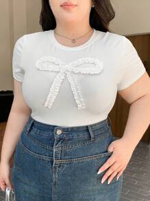 Dazy Plus Plus Size Bow Accent Fitted Short Sleeve Round Neck Crop Top, White, Spring/Summer Preppy Tops - White - View 4