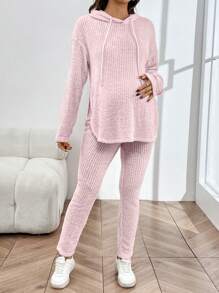 SHEIN 2-częściowy zestaw dresowy dla kobiet w ciąży: bluza z kapturem i regulowane legginsy w pasie, różowy, jesienny - Słodki róż - Zobacz 3