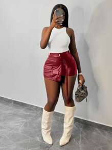 Slaydiva 街头风格性感夜店酒吧 PU 皮革交叉紧身迷你裙/短裙 - 酒紅色 - 查看 6