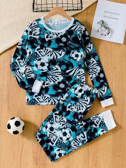 2 件套紧身男童休闲时尚酷炫足球印花长袖上衣和紧身裤舒适家居服套装
