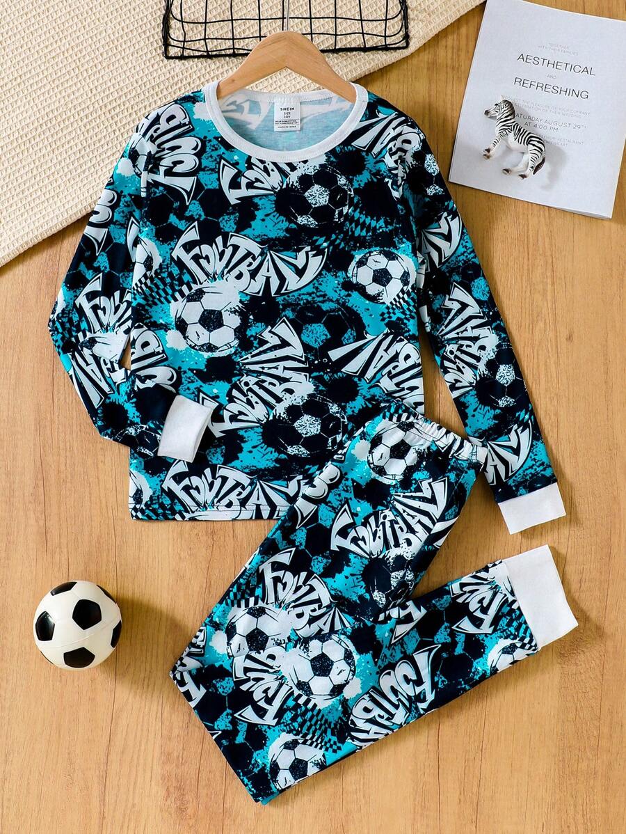 2 件套紧身男童休闲时尚酷炫足球印花长袖上衣和紧身裤舒适家居服套装 - 彩色 - 查看 1