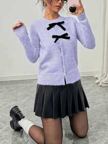 Elenzga Women's Autumn/Winter Bow Decor Casual Loose Cardigan - Purple - View 4