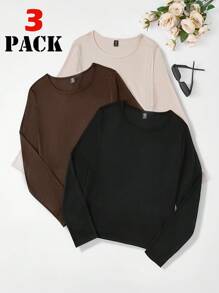 Flirla 3pcs Plus Size Women Solid Color Ribbed Knit Casual T-Shirts, Fall Top - Multicolor - View 1