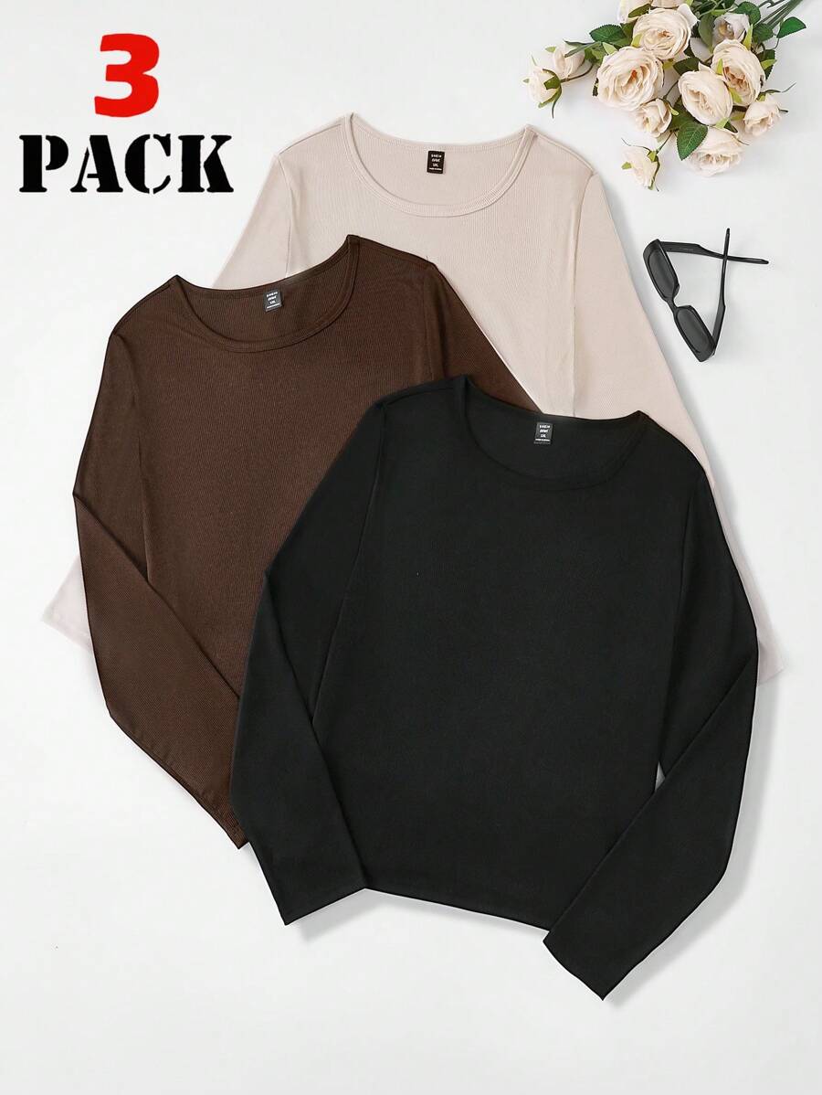 Flirla 3pcs Plus Size Women Solid Color Ribbed Knit Casual T-Shirts, Fall Top - Multicolor - View 1