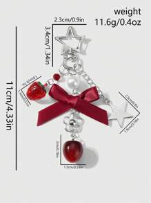 ROMWE Kawaii 1 件简约甜美精致韩式银色空心星链花、仿珍珠蝴蝶结、草莓和樱桃吊坠钥匙链，适合女性、圣诞包包装饰配件、日常穿着和礼物 - 酒紅色 - 查看 5