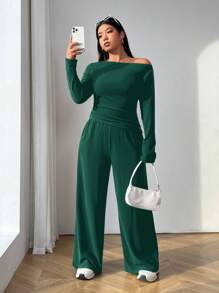SHEIN EZwear 2pcs Set Solid Color Long Sleeve Top And Pants Plus Size Knit Skinny Suit For Women