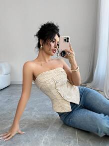 Elenzga Áo hai dây không tay thanh lịch bằng vải tuýt dệt kim cài nút 1 chiếc - Màu vàng - Xem 6