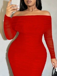 SHEIN SXY Plus Size Women's Solid Color Off Shoulder Long Sleeve Pleated Slim Fit Elegant Dress