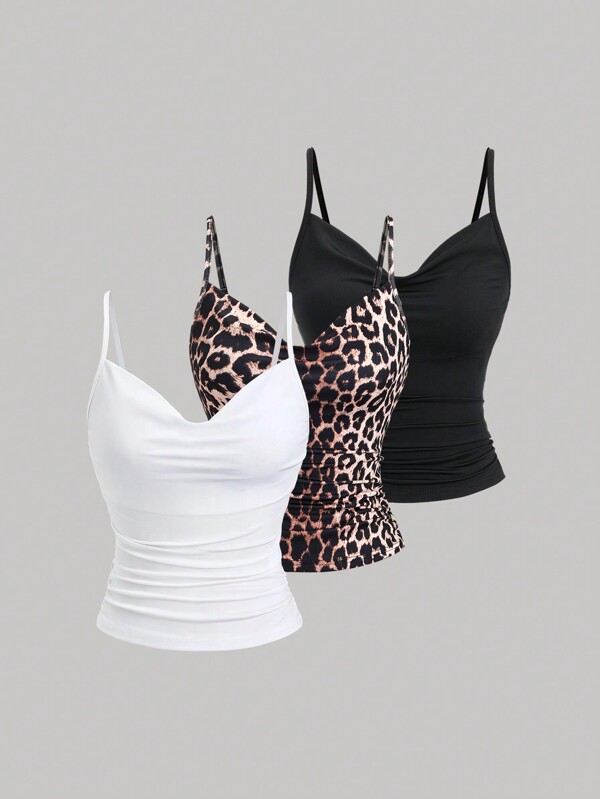 Sweetra Set 3 buc pentru femei, cu imprimeu leopard, pentru slăbire, cu decolteu în V, maiouri, maiouri versatile, ținută Y2K, tricouri cu imprimeu ghepard, pentru femei.